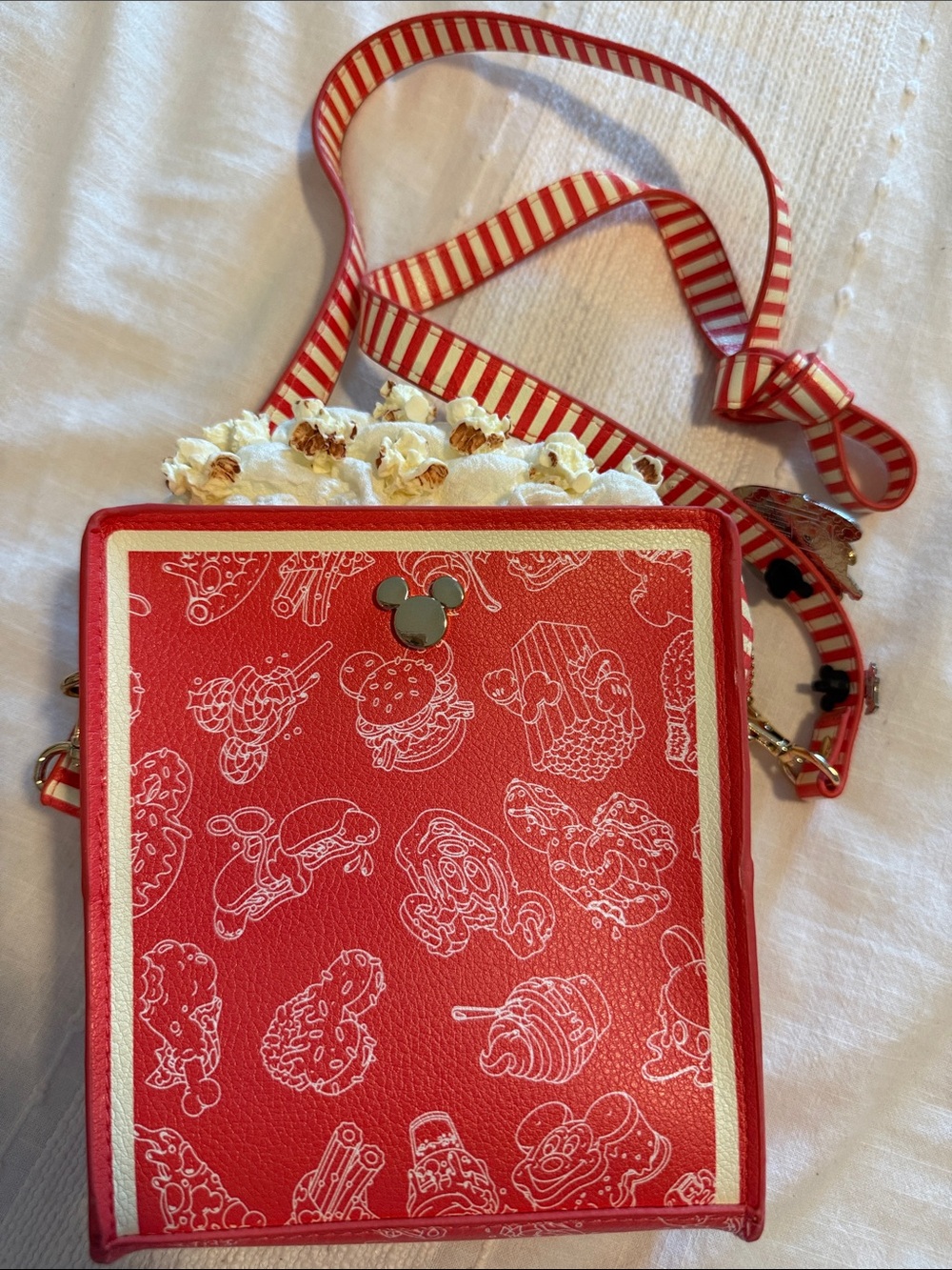 Disney Red Snack Print Crossbody with Striped Strap and Character Pin - Picture 3 of 9